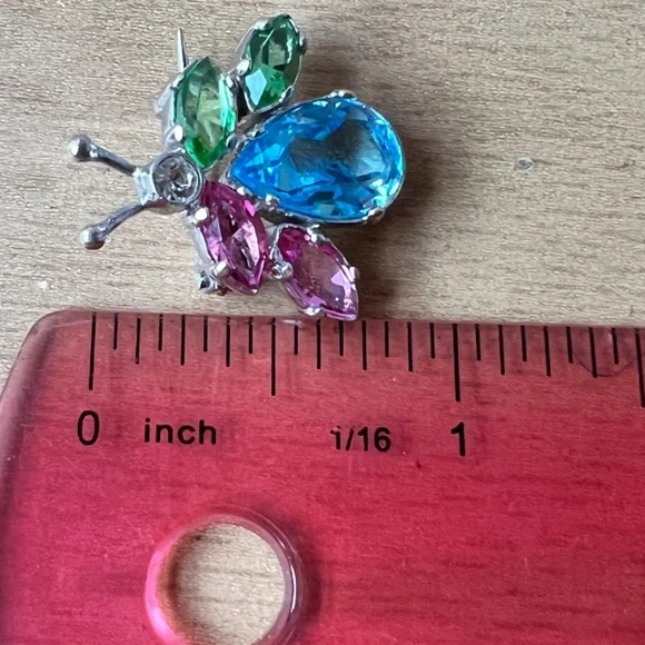 DESIGNER VINTAGE 925 SS CRYSTAL BEETLE BUG PIN BROOCH VIBRANT BLUE PINK GREEN